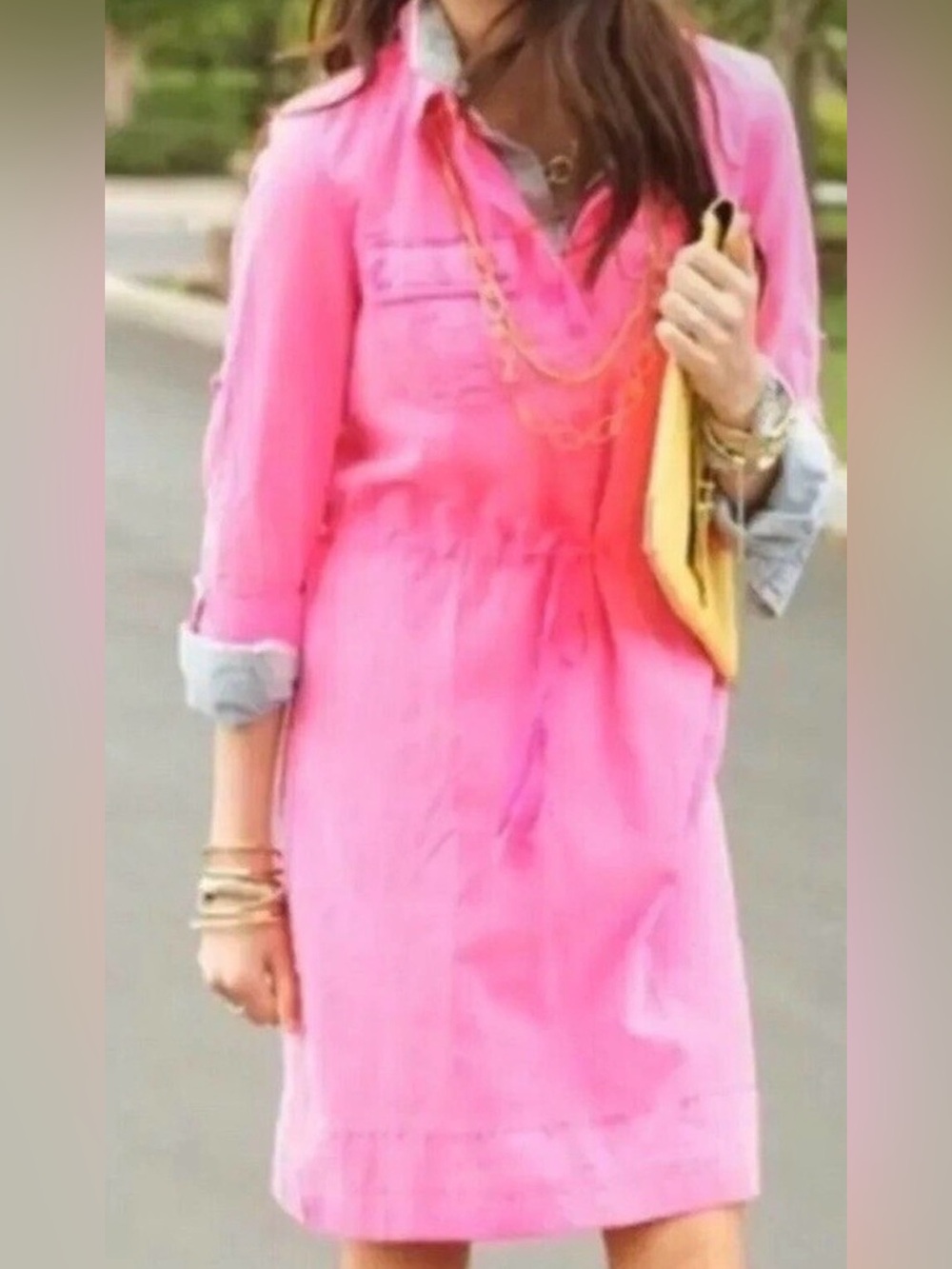 J Crew - size 10 bright pink cinch waist shirt dress .